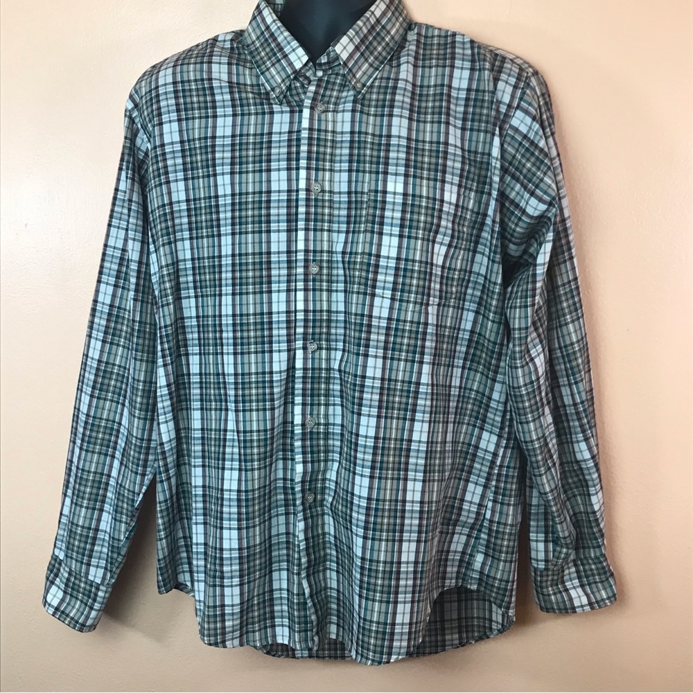 Egon Von Furstenberg Single Stitch White Tan Plaid Button Down Shirt Men L